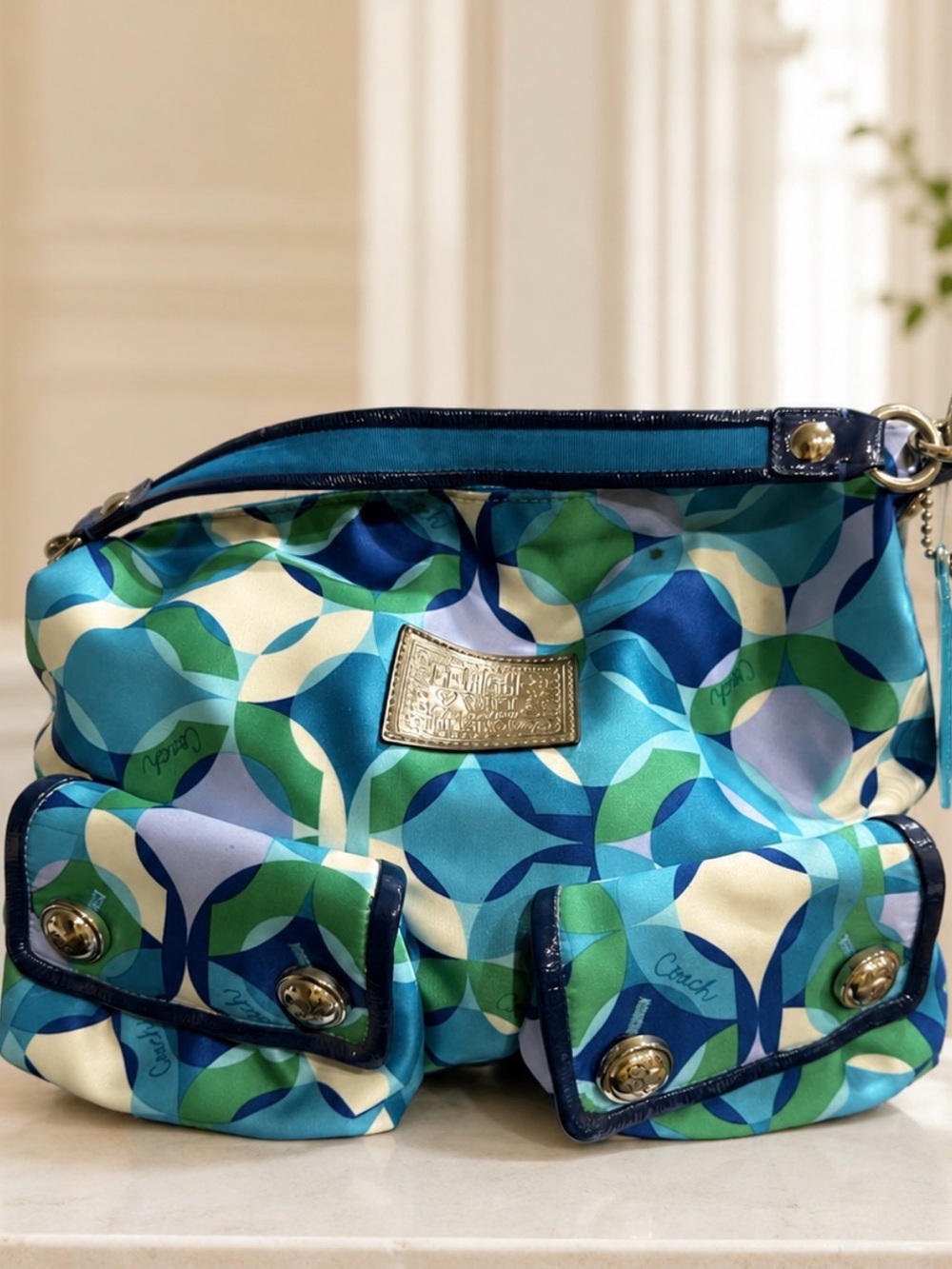 Coach Teal, Blue & Green Geometric Y2K kaleidoscope print Shoulder Bag